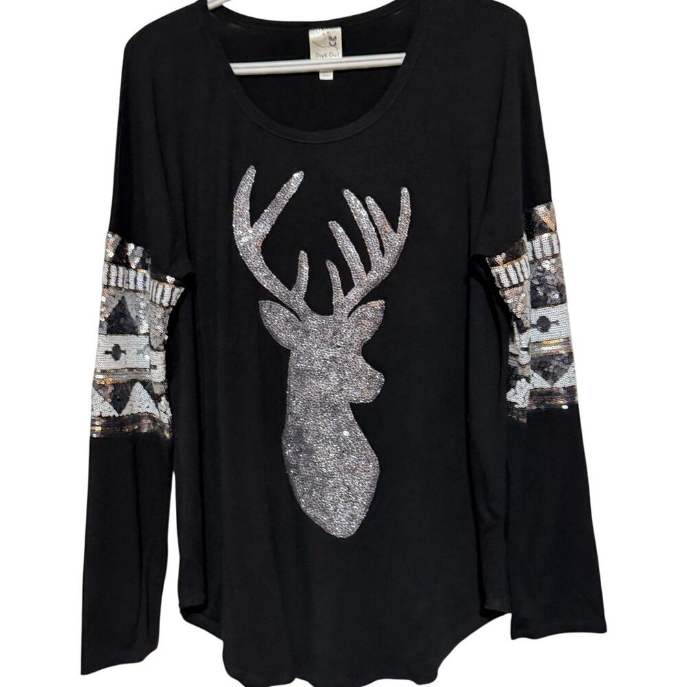 Pink Owl Apparel Womens Long Sleeve Black Reindeer Silver Gold Sequin Top Size M